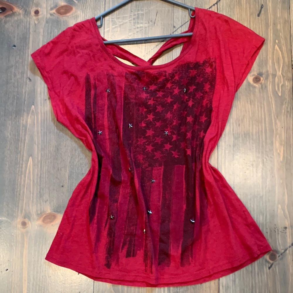 Womens red & black flag T-shirt star sequined